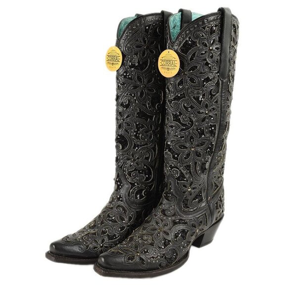 Corral Shoes - Corral Black Glitter Inlay Crystal Studded Floral Overlay Western Boots 10 M